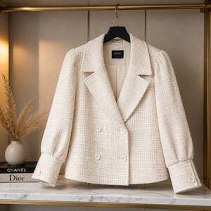 WEEK& Cream Puff Sleeve Double Breasted Tweed Blazer #810